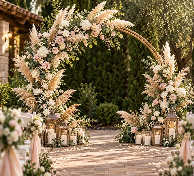 Arche de cérémonie en pampas et roses blanches