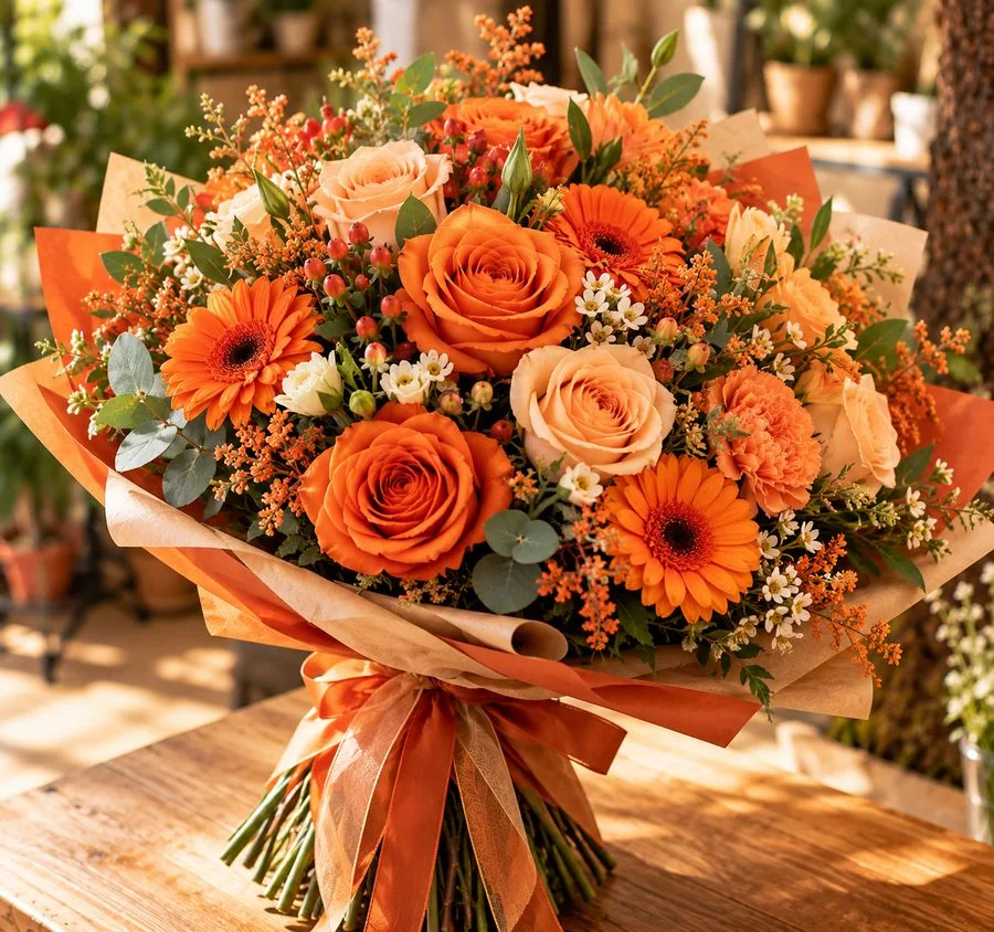 Bouquet rond de roses orange et gerberas dans un papier kraft