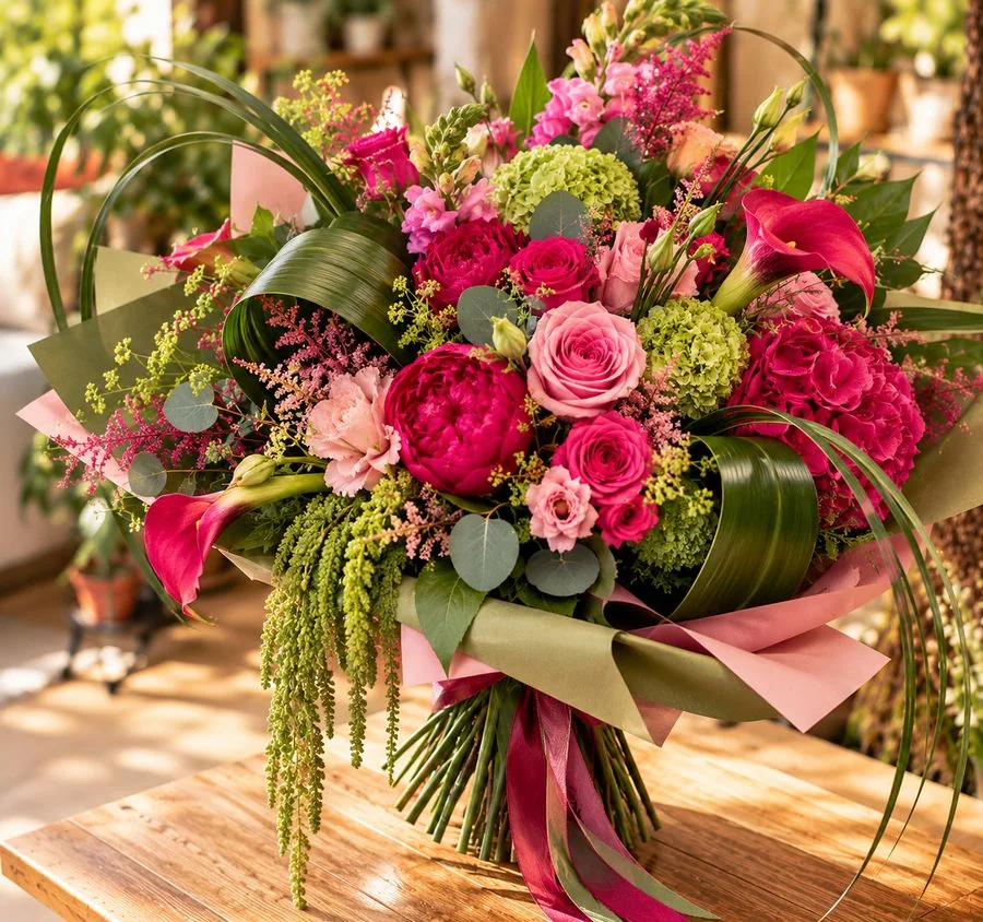 Bouquet stylisé de roses fuchsia et feuillages graphiques