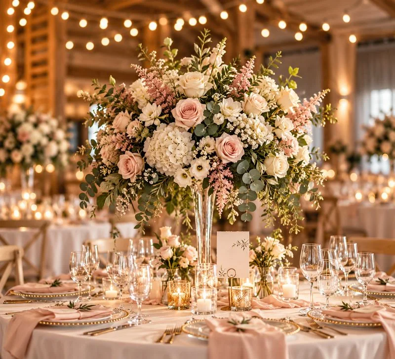 Centre de table de mariage en roses poudrées et bougies