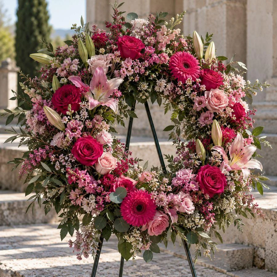 Couronne de deuil en roses et gerberas sur un chevalet