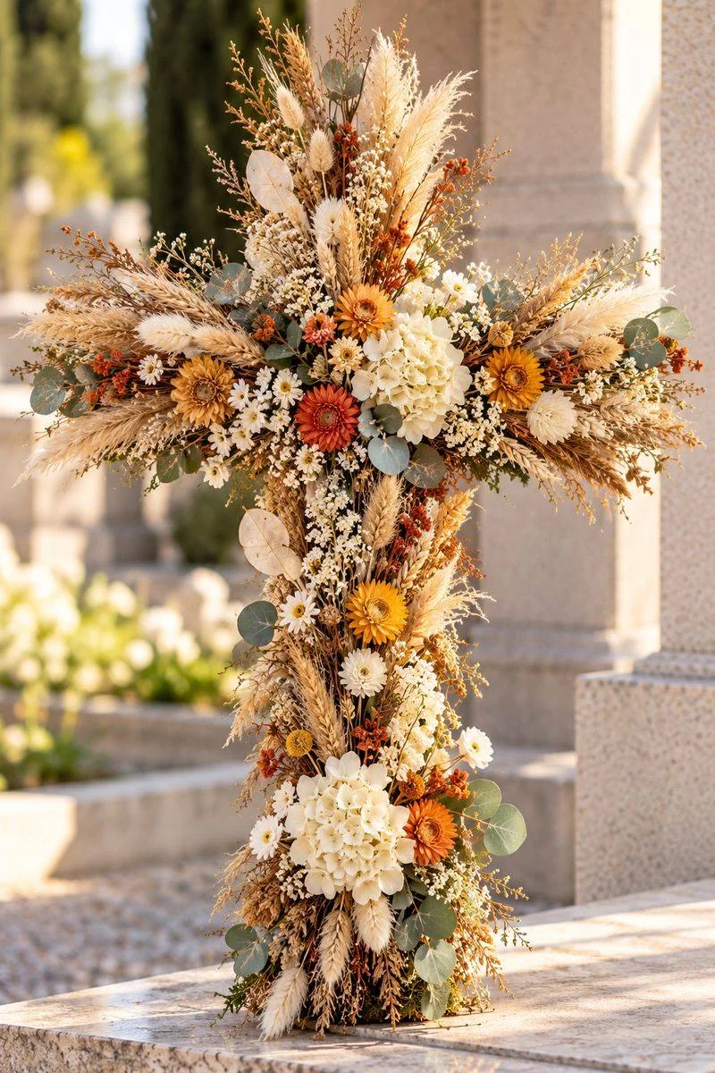 Croix fleurie de roses, pampas et fleurs séchées