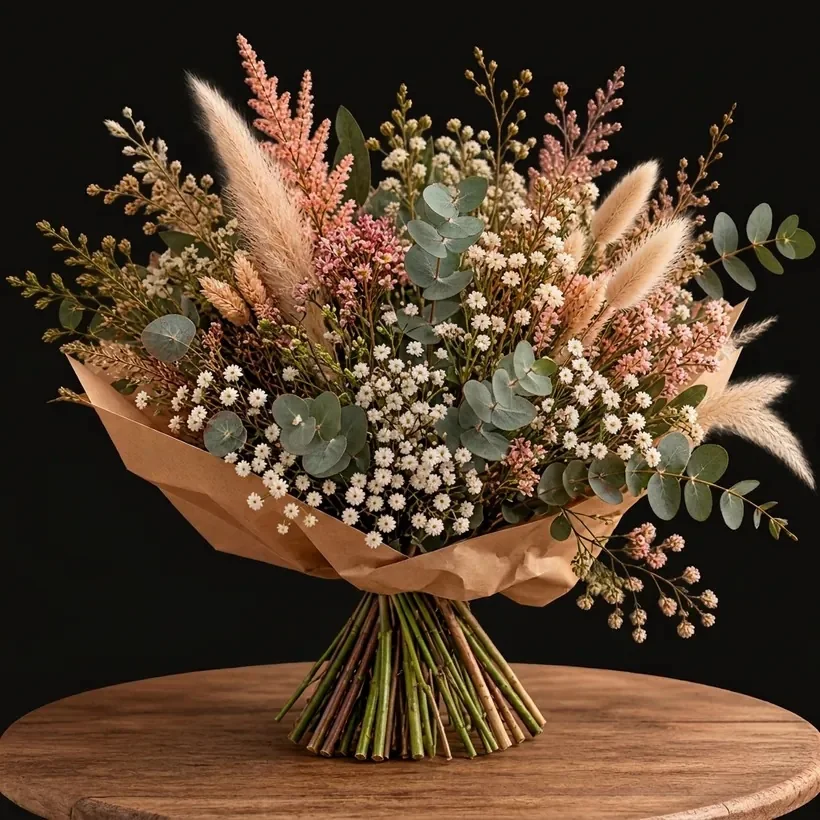 Étape 2 : le bouquet avec le feuillage, les graminées et la gypsophile