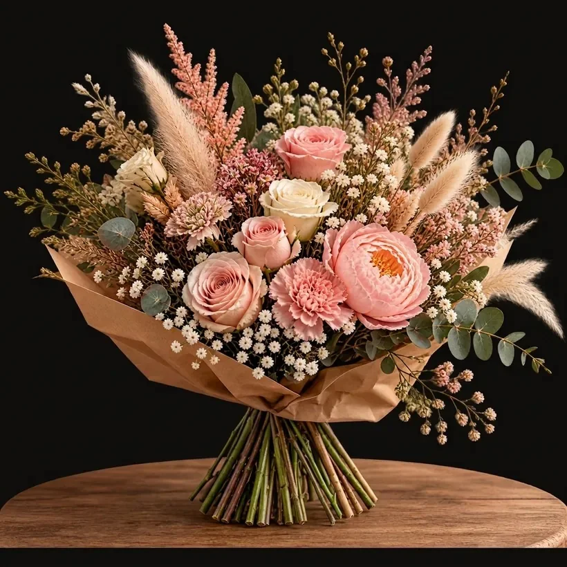 Étape 3 : le bouquet avec les roses, la pivoine et les œillets