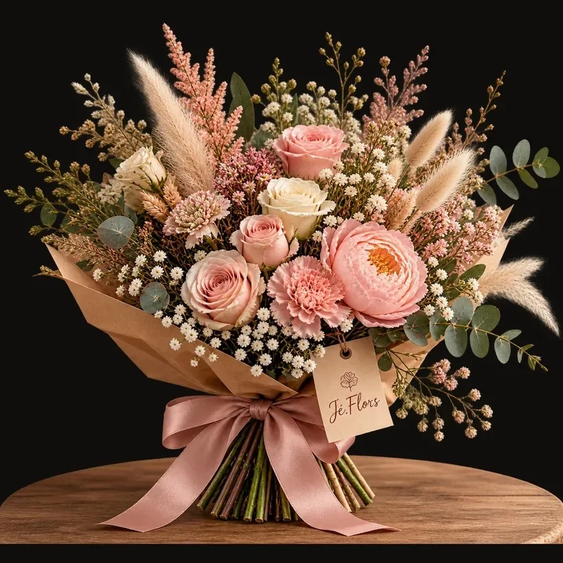 Étape 4 : le bouquet terminé, ruban rose et étiquette Jé.Flors