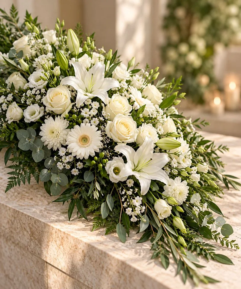 Gerbe de fleurs blanches, lys et roses
