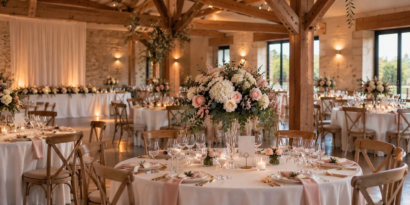 Salle de réception de mariage fleurie, tables rondes et bouquets