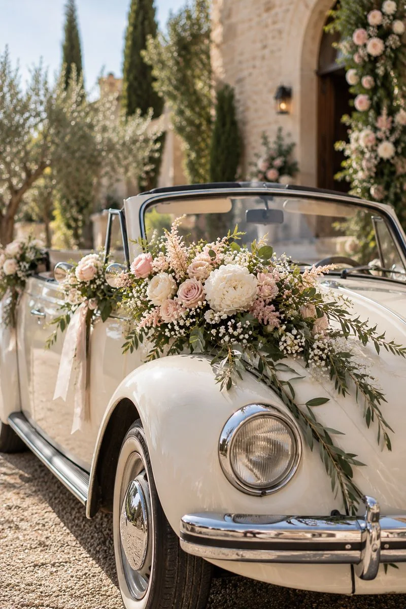 Voiture de mariage décorée de roses blanches